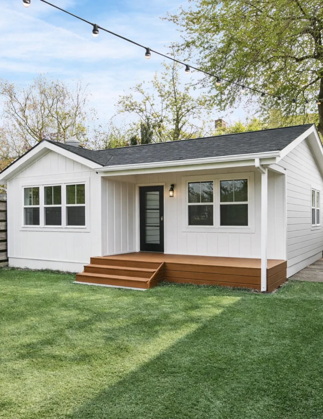 New modern detached ADU in Dallas Texas with siding, porch, and shingle roof built in backyard